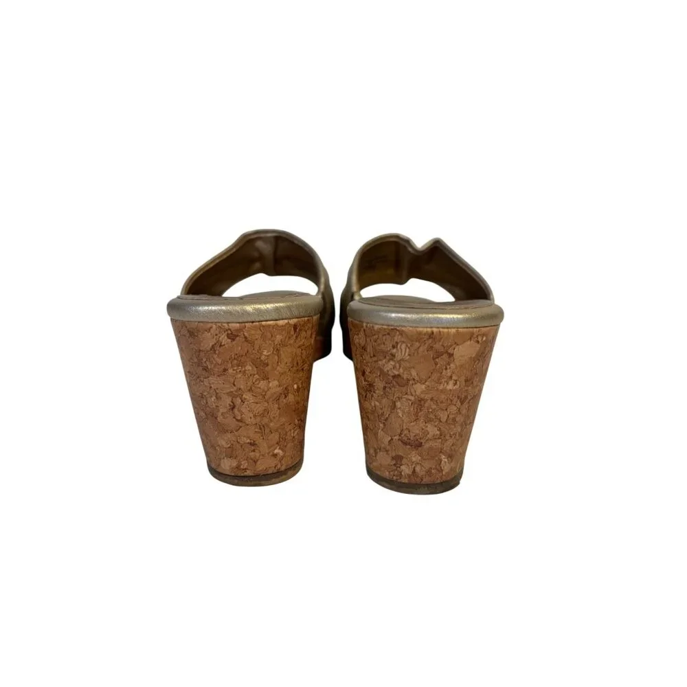 Karen Scott Metallic Gold Slide Wedge Sandals Cork Heel & Ruched Detail Size 7.5